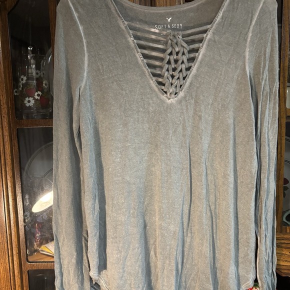 American Eagle Outfitters Tops - American Eagle Women's Soft Sexy Long Sleeve T Shirt V Neck With Detail Y2K Edgy